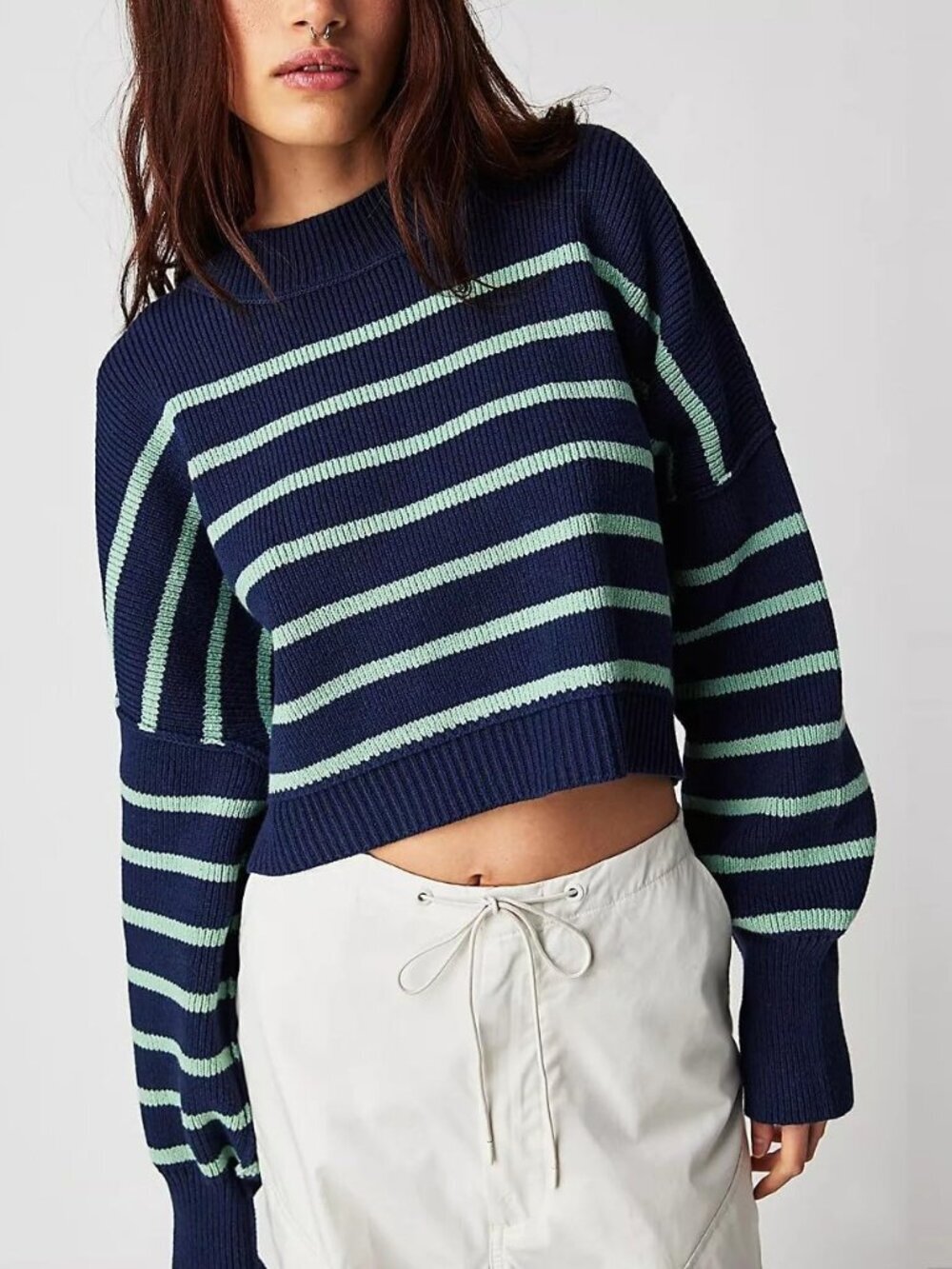 Free People Easy Street Stripe Crop Pullover - Navy Combo - Size Small